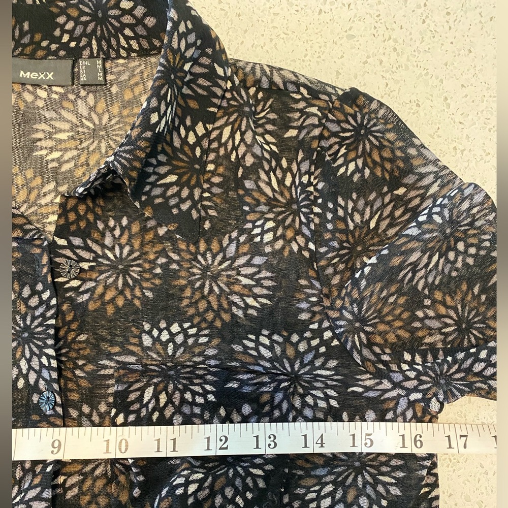 Mexx Sheer Mesh Floral Button-Up Top black, brown & tan Size M EUC whimsigoth - Picture 7 of 10